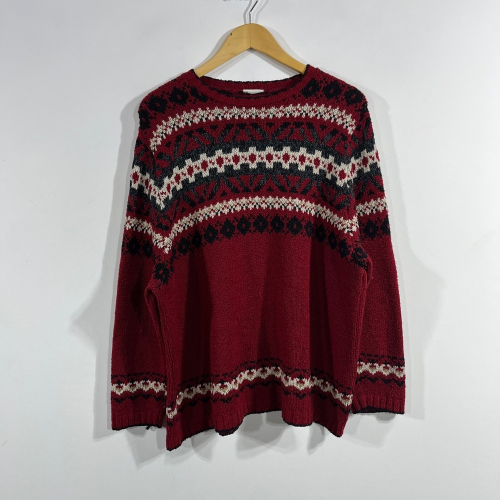 Vintage 90s Nordic Fair Isle Crewneck Sweater Old Money Knit Pullover Size XL